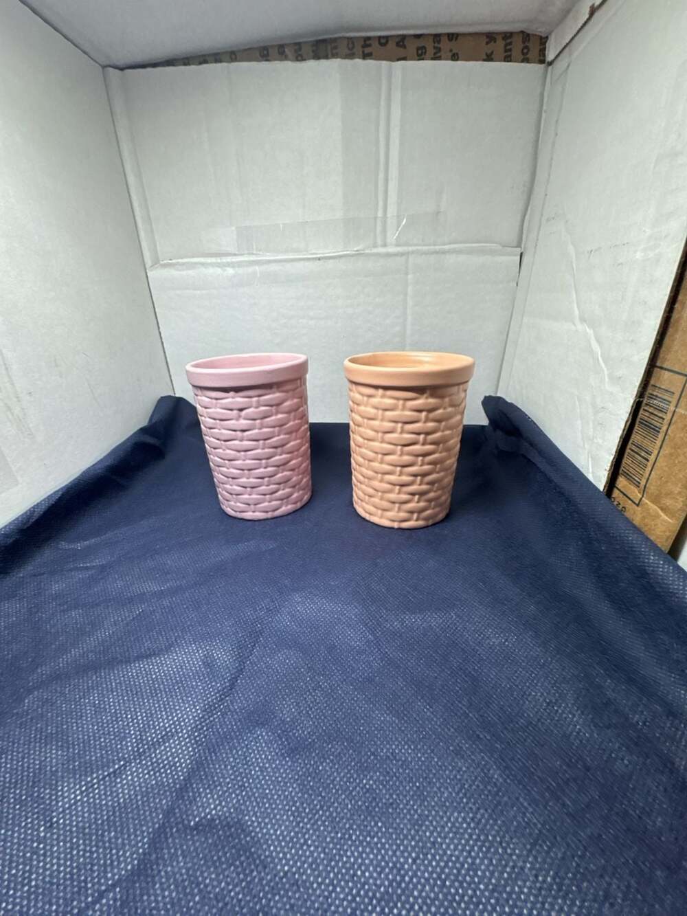 Set of 2 Ceramic Basket Weave Textured Planter Pots Pink and Peach